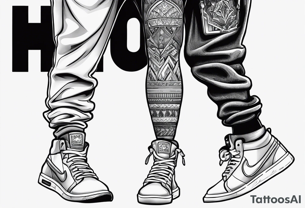 "Hood" on right leg and "Shop" on left tattoo idea