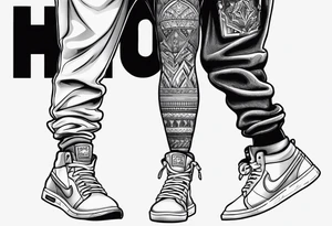 "Hood" on right leg and "Shop" on left tattoo idea
