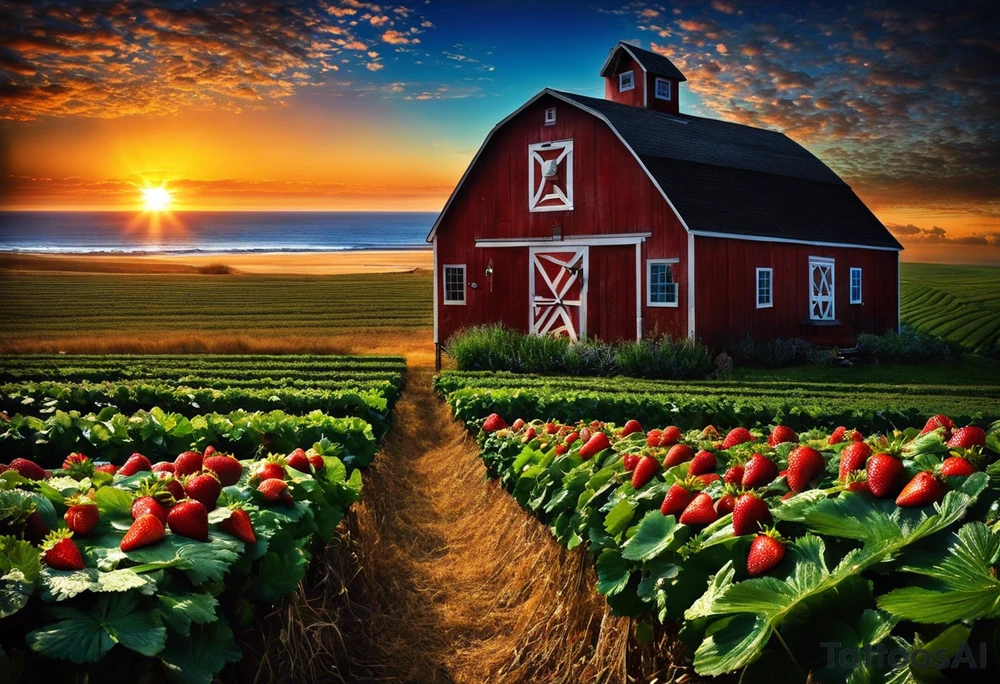 Tattoo of my hometown of Oxnard, CA
Tattoo must have strawberry fields meeting with ocean
Tattoo must have Oxnard coordinates
34.2236192,-119.1310264
Add in the sun on top of the fields/ocean
No barn house, add a Gondola style plaza tattoo idea