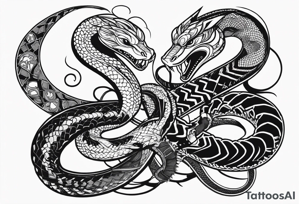 Aggresive Snakes eating each other with a sword, this design must be in a vertical vertical proportion. Additionaly the desing must be "Steampunk" type tattoo idea