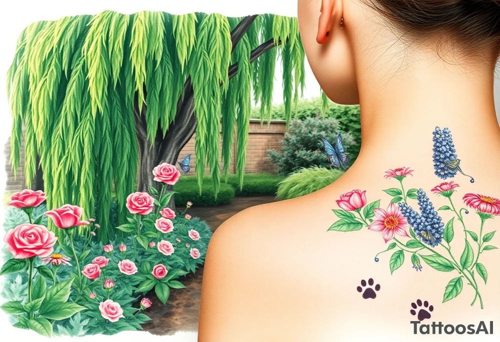 weeping willow garden with roses and liles flower beds. fantasy creatures, fairies, mermiads, dragons butterflies,  cat paw prints path in dirt. tattoo idea