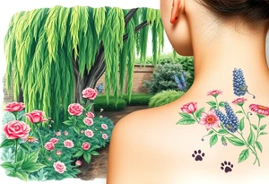 weeping willow garden with roses and liles flower beds. fantasy creatures, fairies, mermiads, dragons butterflies,  cat paw prints path in dirt. tattoo idea