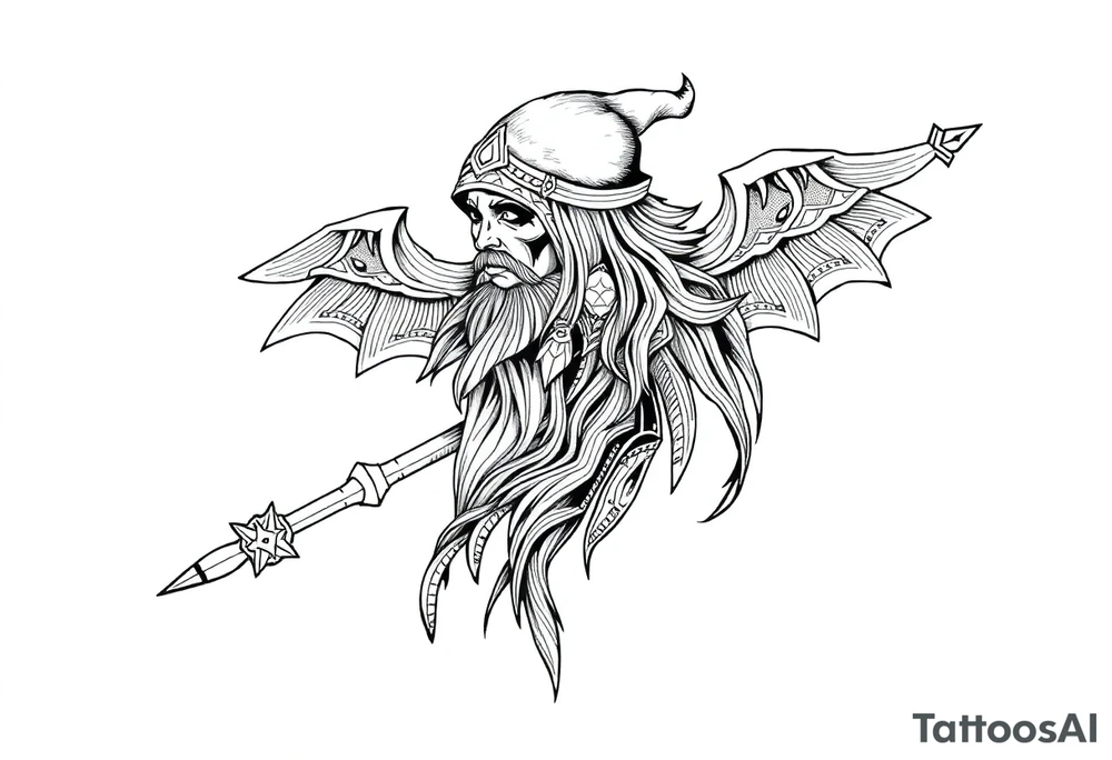 long shaman and witch  style mytical bold line with ancient rhyme tattoo idea