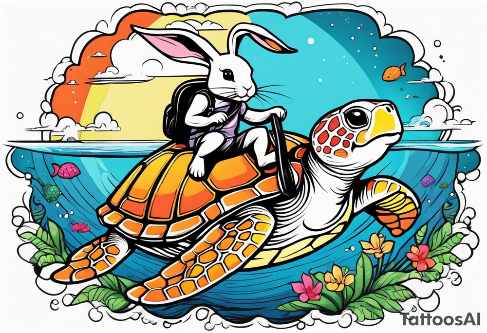 Bunny riding on a sea turtle tattoo idea