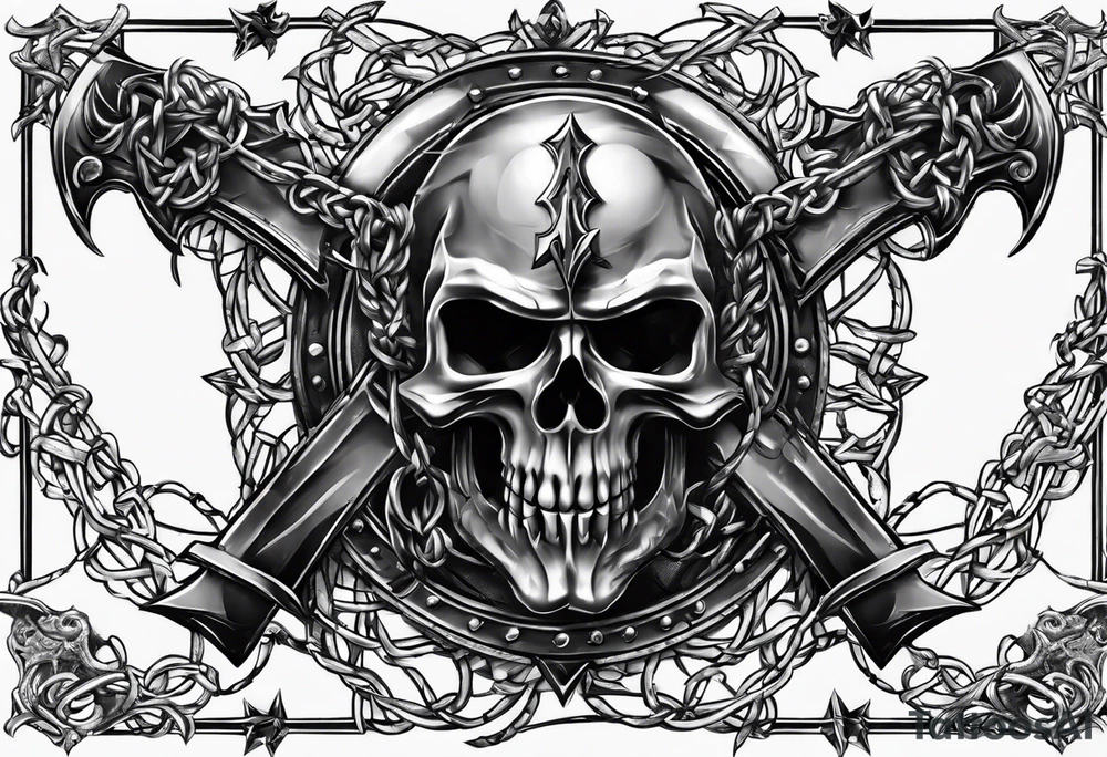 Valhalla sword shield axe barbed wire chains dark cloud tattoo idea