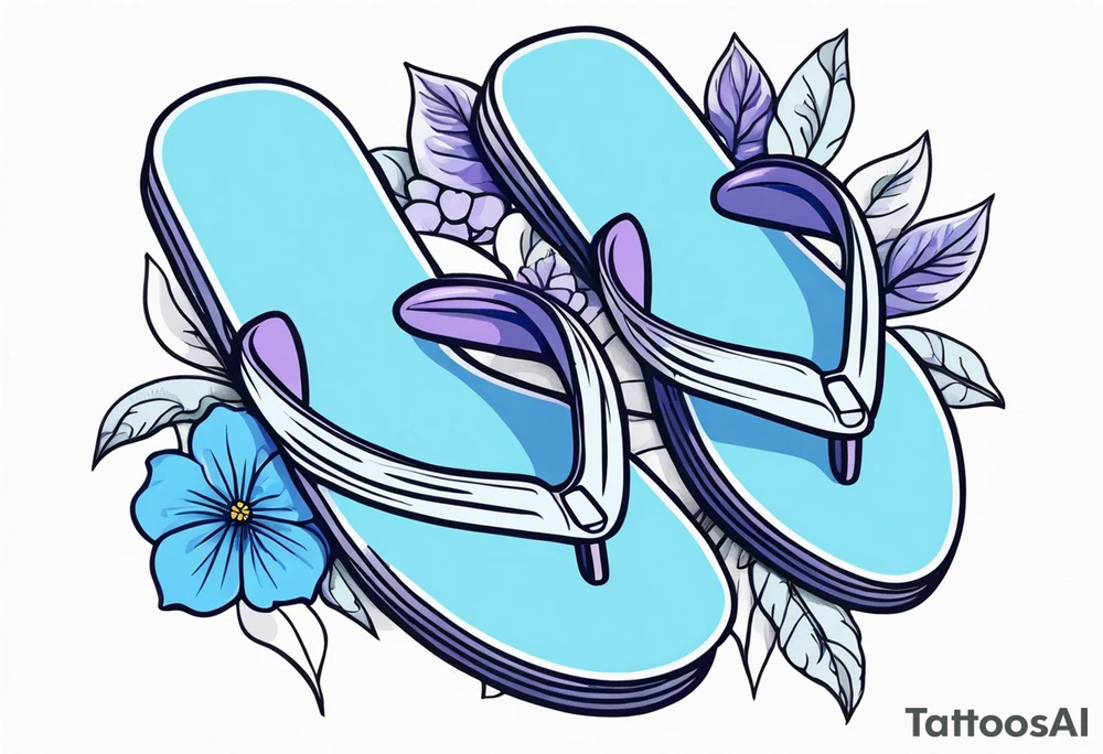 small tattoo of a pastel blue flip flop surrounded by blue and lavender hydrangea flowers tattoo idea