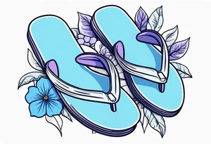 small tattoo of a pastel blue flip flop surrounded by blue and lavender hydrangea flowers tattoo idea