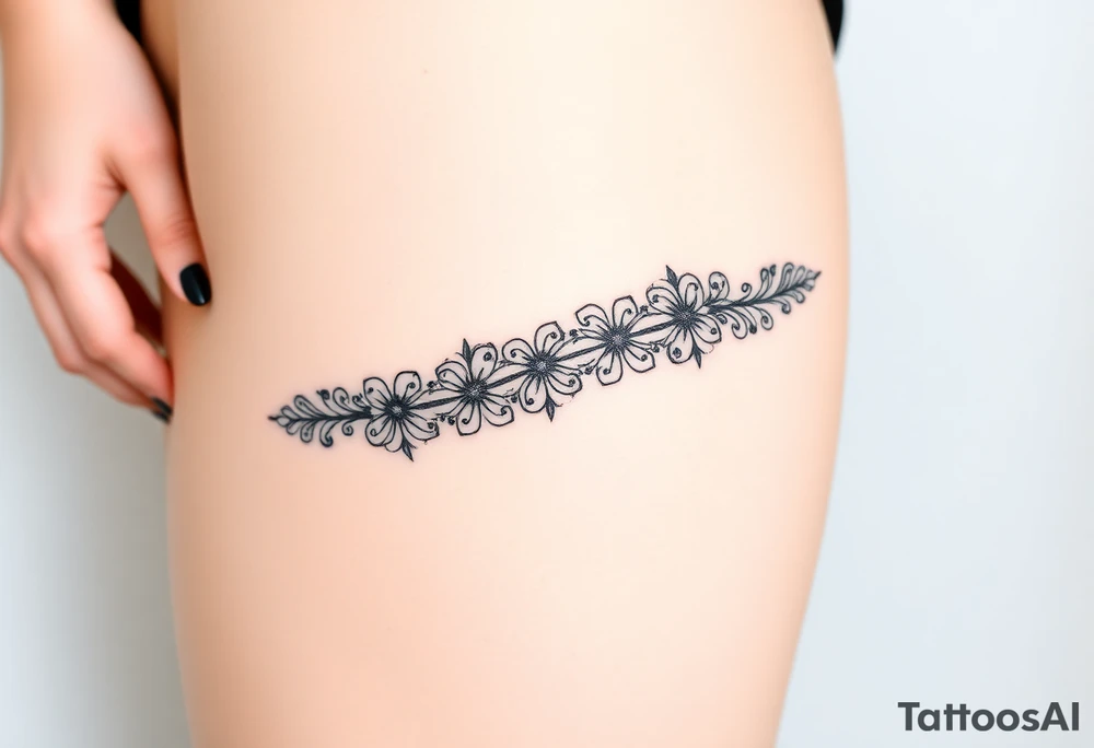 A delicate black lace band wrapped around the wrist, featuring intricate floral and filigree patterns tattoo idea