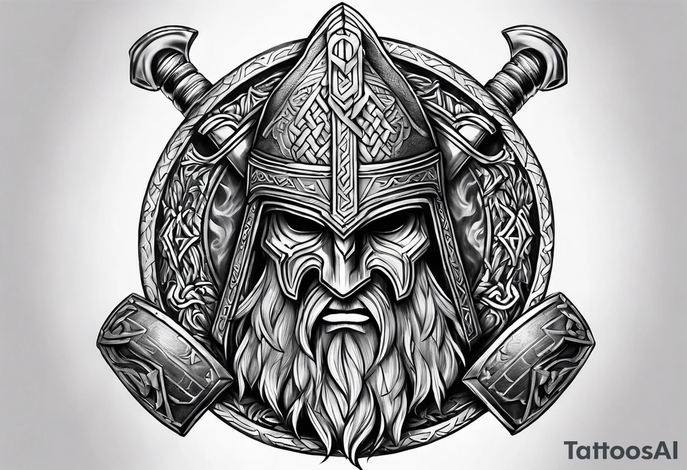 Valhalla sword round shield axe Valknut steps fire chains tattoo idea Valhalla sword round shield axe Valknut steps fire chains tattoo idea