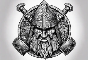 Valhalla sword round shield axe Valknut steps fire chains tattoo idea