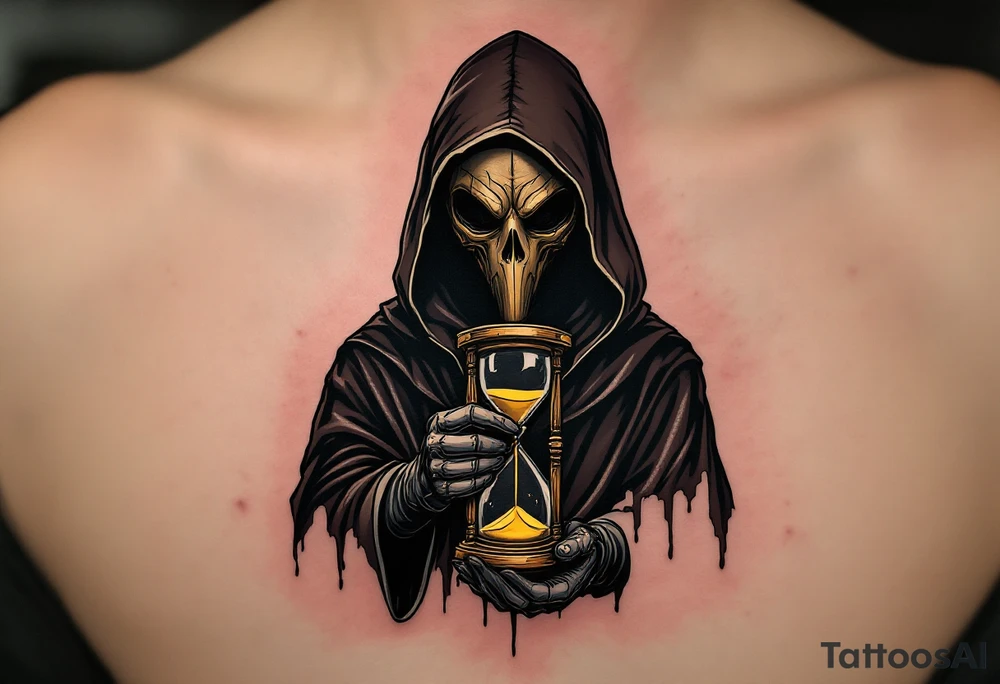 Plague Doctor with Hourglass – A mysterious plague doctor with tipical mask holding an old wooden hourglass with golden sand flowing inside. The mask is deep brown with brass accents, and the robe is black with silver lining. tattoo idea