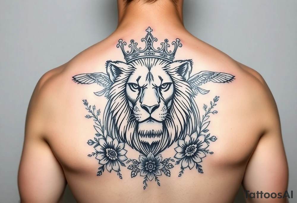 powerful majestic lion with a crown, surrounded by floral ornaments and birds tattoo idea