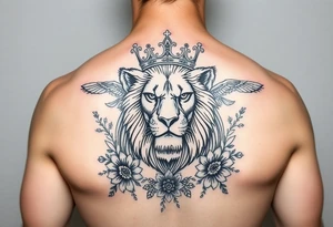 powerful majestic lion with a crown, surrounded by floral ornaments and birds tattoo idea