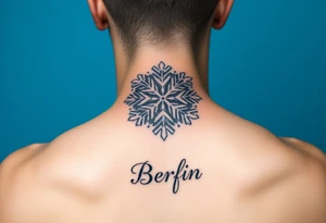 A white snowflake on Blue backround and the name „Berfin“ in it tattoo idea