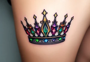 royal crown embellished with multiple diamonds, each one glowing with a different color: red, blue, green, and purple, creating a vibrant, regal aestheti tattoo idea