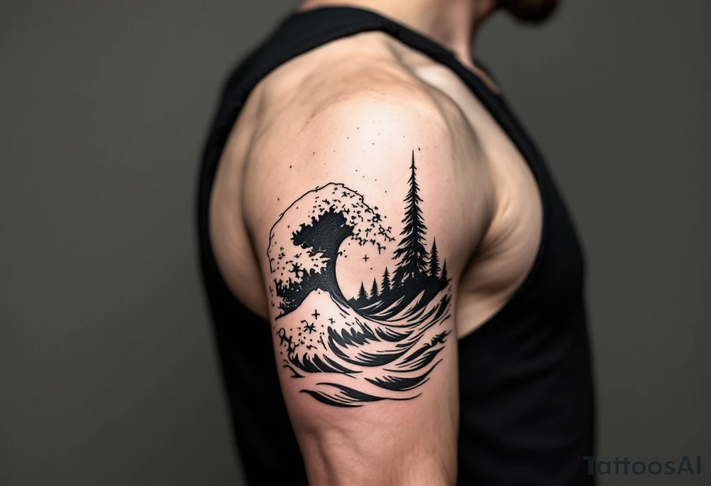 Fine line powerful ocean half sleeve with some shading tattoo idea Fine line powerful ocean half sleeve with some shading tattoo idea