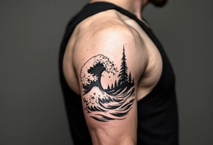 Fine line powerful ocean half sleeve with some shading tattoo idea