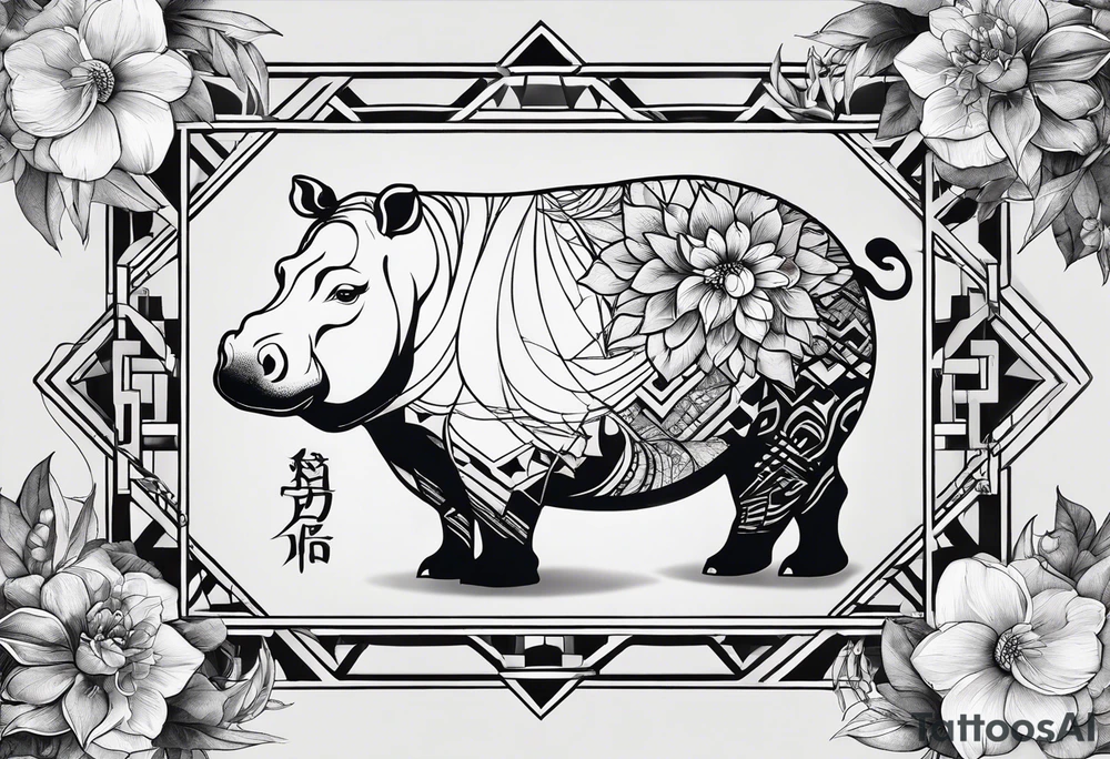 Very asymmetrical, +geometric pattern, with realistic full moon, with hippo head, wintersweet flower bud, +portrait orientation, tattoo idea