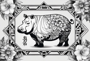 Very asymmetrical, +geometric pattern, with realistic full moon, with hippo head, wintersweet flower bud, +portrait orientation, tattoo idea