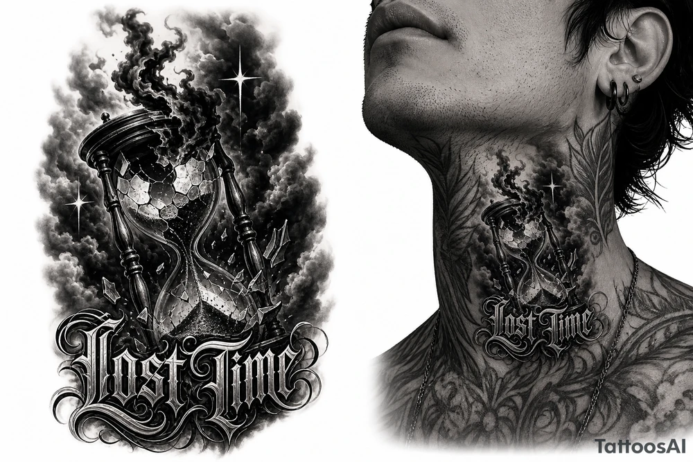 Black and grey realism tattoo design of a cracked, shattered hourglass centered in dark heavy clouds. Sand and dark smoke floating upward out of the glass. Custom gothic script lettering that says "Lost Time" wrapped around the base. Chicano style shading, deep blackwork background, sharp 4-point sparkle stars, high contrast, clean white background, tattoo stencil style. Put on the throat not the back of neck put “Lost Time” like on the side on neck but still connected make lost time wat smaller tattoo idea