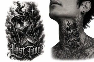 Black and grey realism tattoo design of a cracked, shattered hourglass centered in dark heavy clouds. Sand and dark smoke floating upward out of the glass. Custom gothic script lettering that says "Lost Time" wrapped around the base. Chicano style shading, deep blackwork background, sharp 4-point sparkle stars, high contrast, clean white background, tattoo stencil style. Put on the throat not the back of neck put “Lost Time” like on the side on neck but still connected make lost time wat smaller tattoo idea