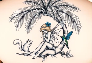 A blonde fairy sitting under a palm tree with a squirrel, 
a blue butterfly, and a  hummingbird drinking from a flower. tattoo idea