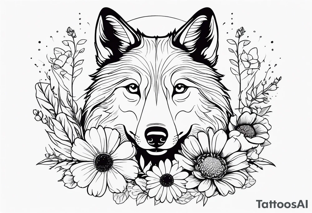 a wolf like dog, with flowers surrounding. birth flowers of family, aster, larkspur, marigold with a daisy growing near it tattoo idea
