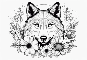 a wolf like dog, with flowers surrounding. birth flowers of family, aster, larkspur, marigold with a daisy growing near it tattoo idea