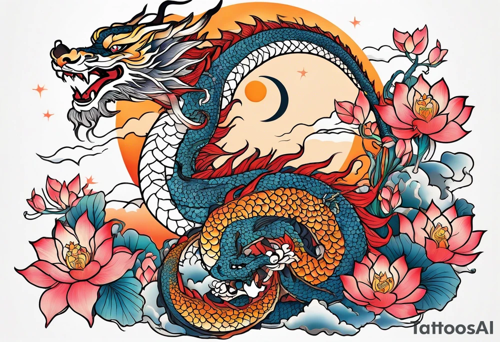 mangang dragon totem with lotus flowers and tiger with the sun and crescent moon tattoo idea