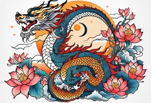 mangang dragon totem with lotus flowers and tiger with the sun and crescent moon tattoo idea