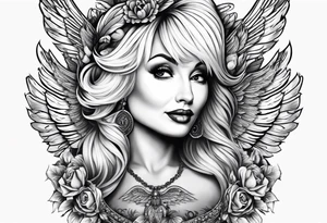 An angelic tattoo featuring Dolly Parton, an acorn, wings tattoo idea