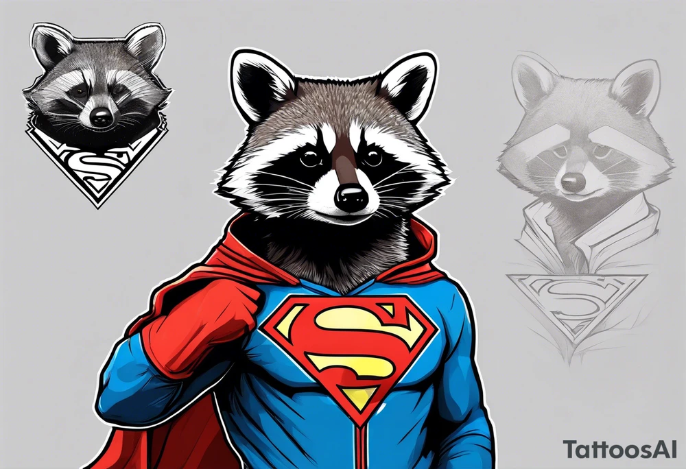 raccoon wearing a Superman hoodie tattoo idea