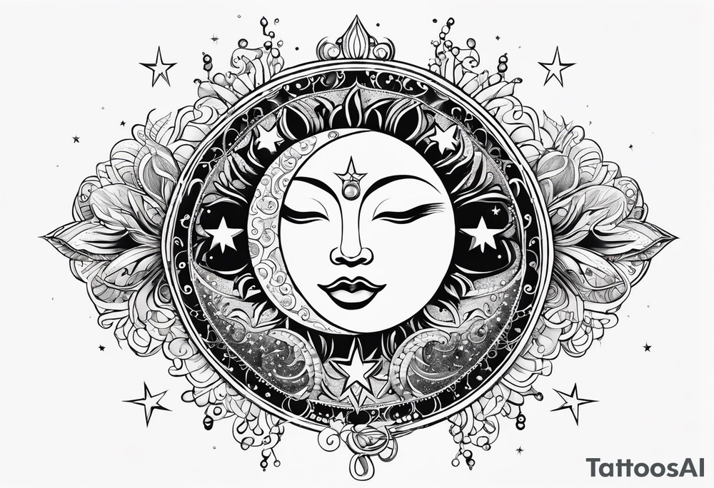 Feminine Sun and moon. long rectangular sternum swirls with dots and stars tattoo idea