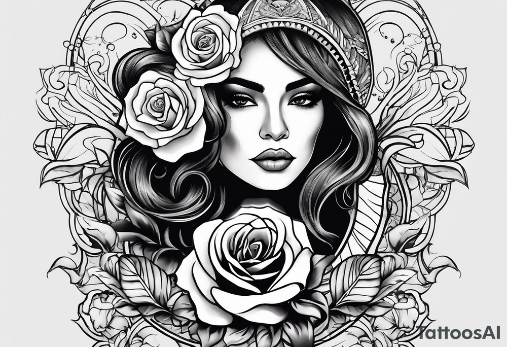 Hispanic/ Latin  woman  with half skull,  roses, loving heART, strength,  cancer zodiac sign  , time heals all tattoo idea