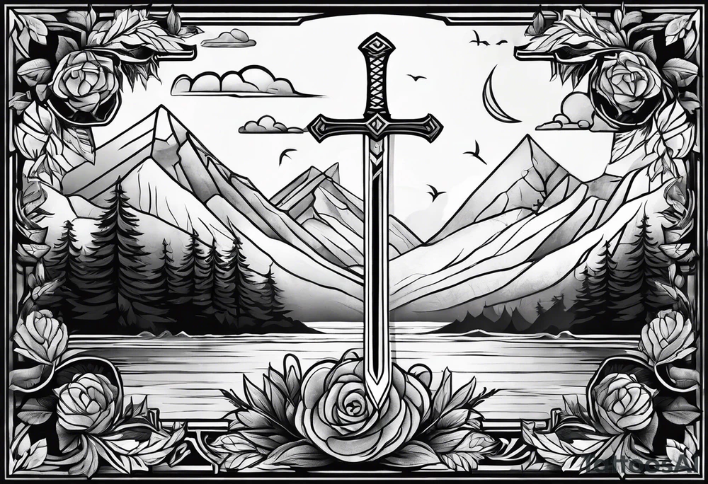 crossing sword with nature background tattoo idea