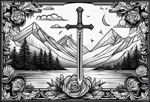 crossing sword with nature background tattoo idea