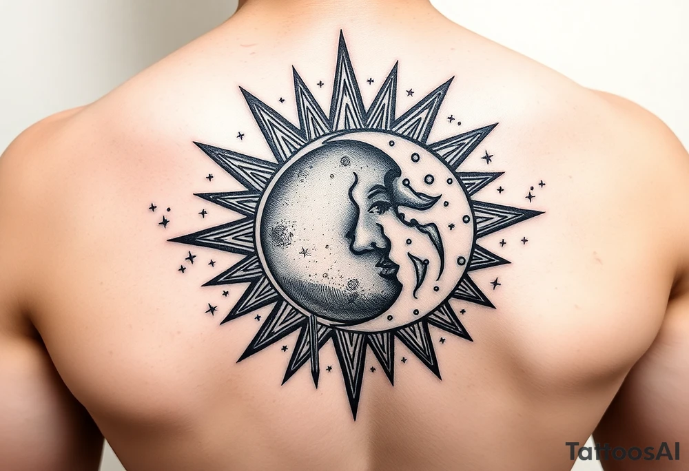 celestial sun and moon embrace with constellation patterns tattoo idea
