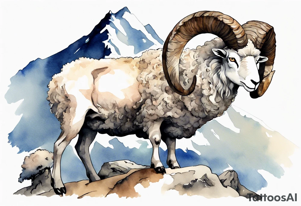 a solitary large man with the head of a big-horned sheep, with the feet of a sheep, on a mountain tattoo idea
