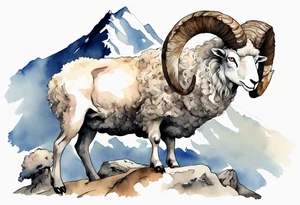 a solitary large man with the head of a big-horned sheep, with the feet of a sheep, on a mountain tattoo idea