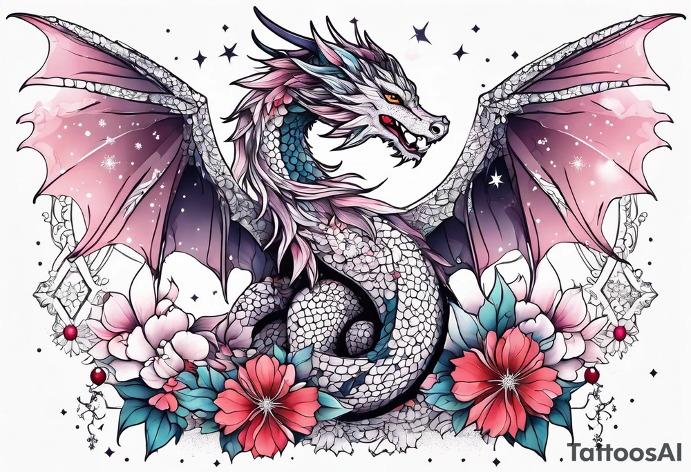 Constellation, wing , snow , cross , dragon female japan kawaii , flower tattoo idea