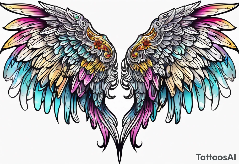 beautiful intricate colorful new school angel wings, tattoo idea