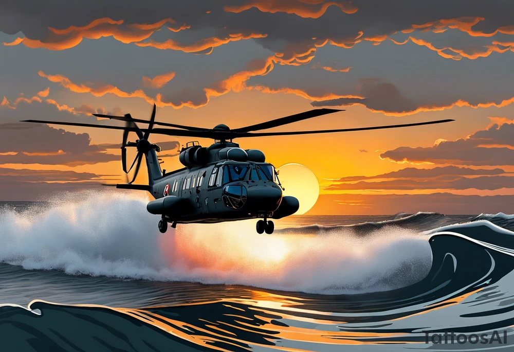 Canadian military grey CH-148 Cyclone helicopter soaring low over rough, ocean waves. The sun is setting, casting a dramatic glow on the scene with realistic clouds and a specular reflection of the helicopter on the water. The helicopter should be the main focus, with intricate details and a sense of motion. In the background, a poppy be prominently displayed tattoo idea