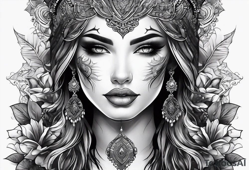 Half evil half beautiful female face tattoo idea