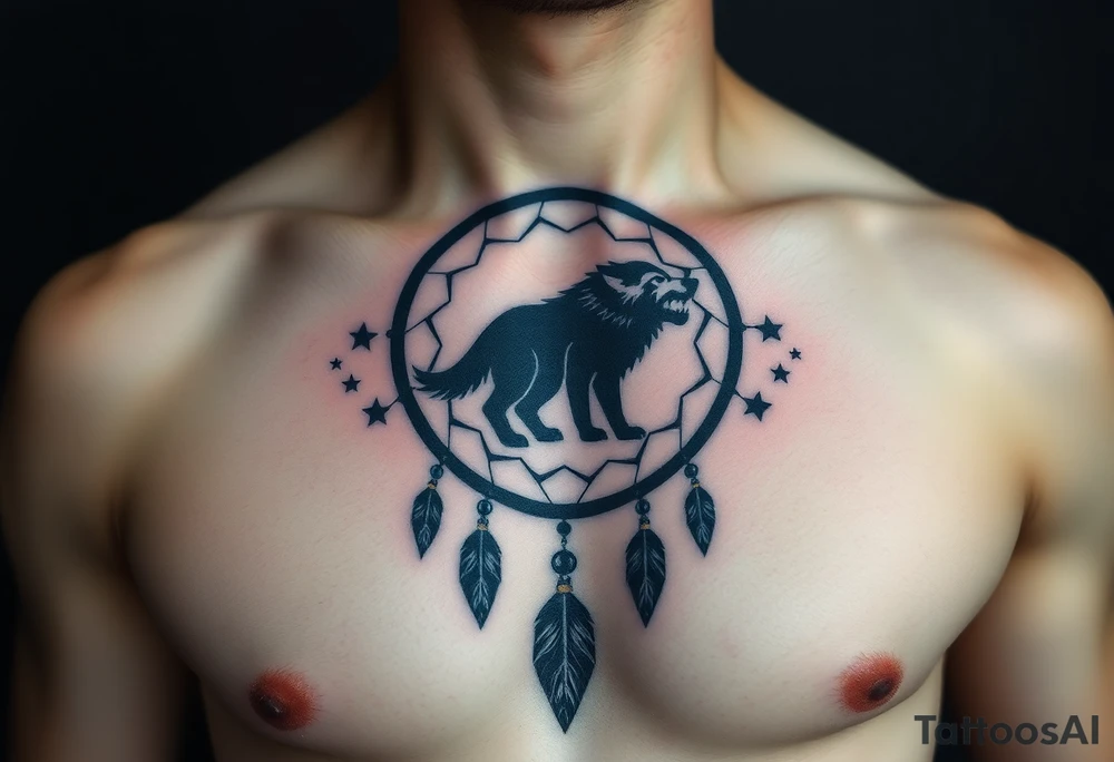 A wolf’s silhouette within a dreamcatcher, with stars scattered across the background. The wolf is shaded in black and gray, and the dreamcatcher is deep indigo with teal accents tattoo idea