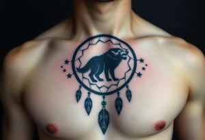 A wolf’s silhouette within a dreamcatcher, with stars scattered across the background. The wolf is shaded in black and gray, and the dreamcatcher is deep indigo with teal accents tattoo idea