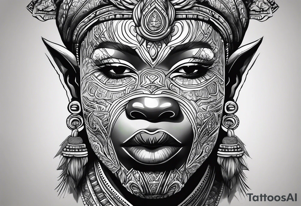 ogun africano realista em preto e cinza com tons de verde no fudo tattoo idea