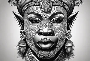 ogun africano realista em preto e cinza com tons de verde no fudo tattoo idea