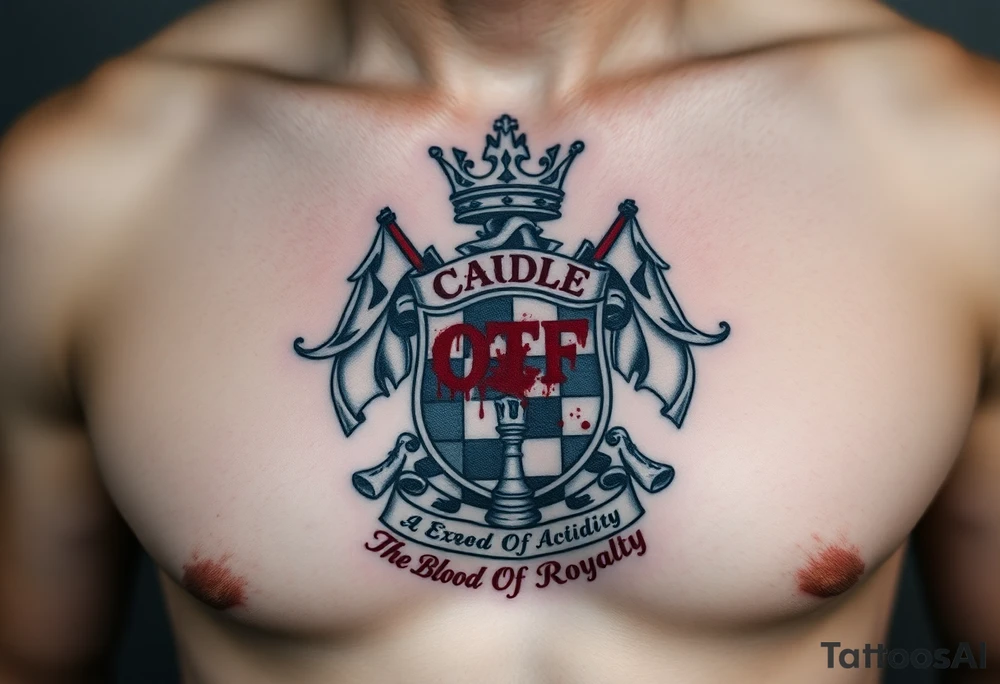 Men Crest  with A king crown on top, CAUDLE written inside red, a chessboard, blood splatter on top of two red racing flags & OTF inside, Smoke surrounding the outside of the crest, & The Words The Blood Of Royalty in red underneath the crest & a King chess piece surrounding the outside of the crest tattoo idea