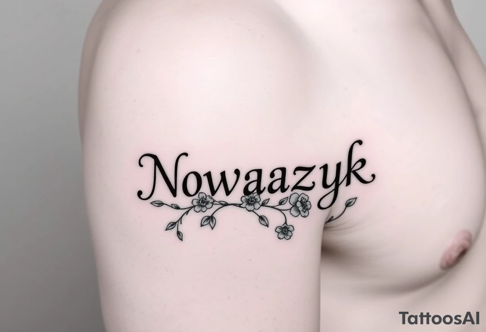 The word Nowaczyk surrounded by three flowers with  vines running through it 
on the lower tricep, medium size tattoo idea