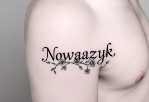 The word Nowaczyk surrounded by three flowers with  vines running through it 
on the lower tricep, medium size tattoo idea